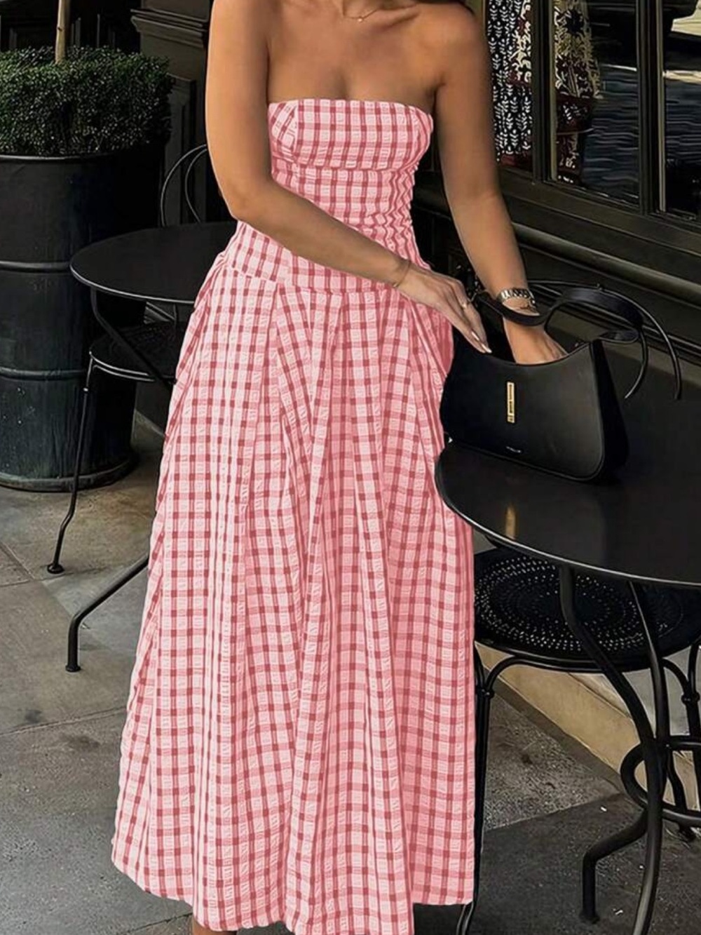 Strapless Pink Plaid Maxi Dress